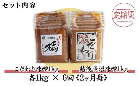 【定期便 全6回】 新潟県 南魚沼産 こだわり 味噌 1kg ＆ 越後魚沼味噌1kg 詰替え 計2kg セット 食べ比べ 魚沼 みそ 発酵食品 味噌汁 国産 原料 木津醸造所