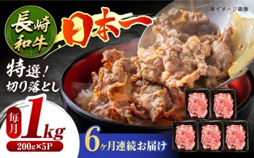 【6回定期便】特選切り落とし 長崎和牛約1kg（200g×5P）[ECS019]切り落とし 牛肉 国産 黒毛和牛 和牛 長崎和牛 小分け 冷凍 定期便
