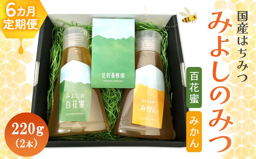 
            【6か月定期便】みよしのみつ(百花蜜・みかん)220g×2本【はちみつ 百花蜜 みかん 国産 ミツバチ 甘み スッキリ フルーティー 2種類 2本セット】 K063339
          