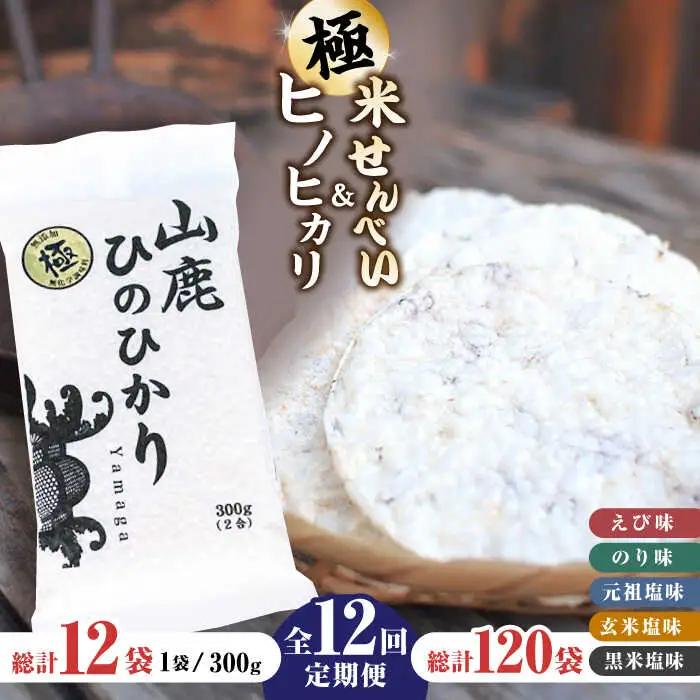 【12回定期便】【極み】米せんべい（えび味、のり味、元祖塩味、玄米塩味、黒米塩味） &amp; ヒノヒカリ【せんべい工房】[ZBQ013]
