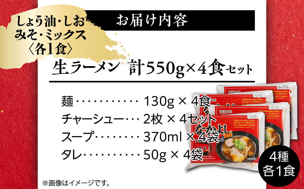 なかよしラーメン４食セット（しょう油、しお、みそ、ミックス） MROBT005