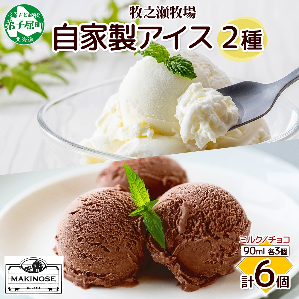 3224. 牧之瀬牧場 自家製アイス 濃厚ミルク チョコ 2種 各3個 計6個 ミルク チョコ フレーバー オリジナル  牧場 手作り セット おやつ デザート ギフト 送料無料 北海道 弟子屈町_イ