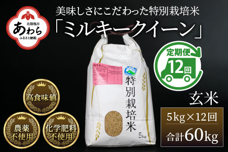 【令和5年産】《定期便12回》 特別栽培米 ミルキークイーン 玄米  5kg （計60kg） 農薬不使用 化学肥料不使用 ／ 高品質 鮮度抜群 福井県産 ブランド米 あわら産 ブランド米