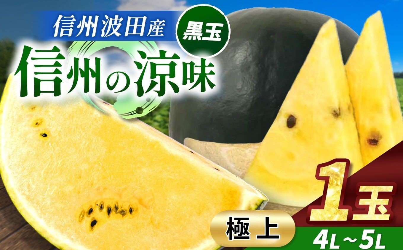 
            【先行受付：2026年7月発送】信州波田産 高級 黒玉スイカ！ 信州の涼味 【極上】 4L～5Lサイズ 1玉｜ふるさと納税 長野県 信州 松本 果物 フルーツ すいか スイカ 西瓜 贈答 季節限定 甘い くだもの ふるーつ
          