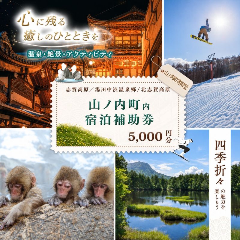 【ふるさと納税】宿泊券 山ノ内町内宿泊補助券 5,000円分 1枚 1年間有効 旅行 チケット 補助券 志賀高原 湯田中渋温泉郷 北志賀高原 地獄谷野猿公苑 温泉 自然 観光 冬 スキー ホテル 旅館 長野県 信州 長野県山ノ内町 ギフト
