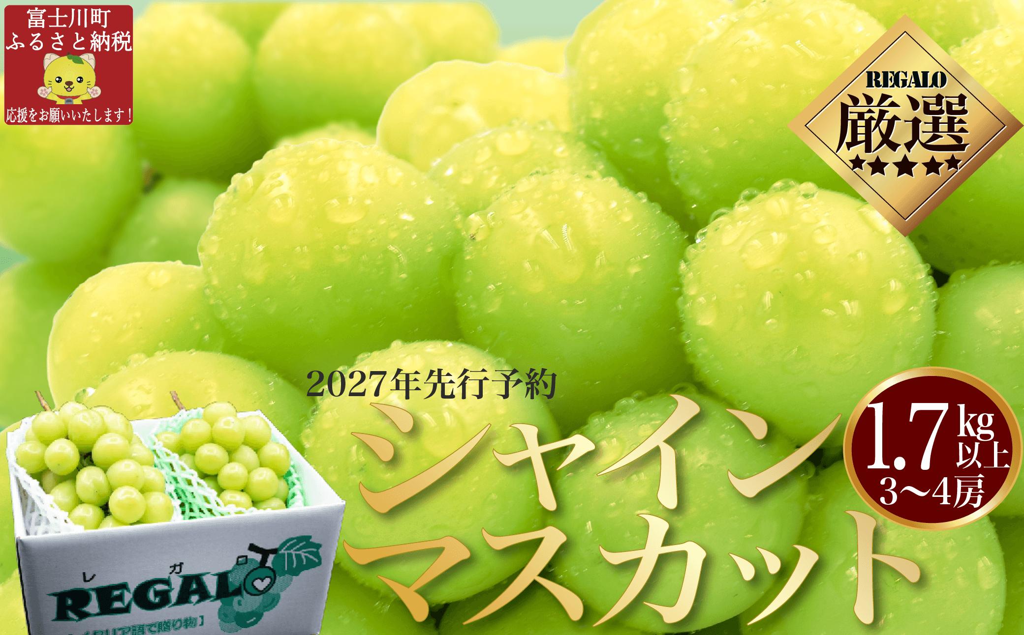 
                  【2027年発送分 先行予約】頬張る幸福感　～緑の宝石・シャインマスカット～　１．７ｋｇ以上（３～４房） フルーツ 山梨県産 果物 シャイン マスカット ぶどう ブドウ 大粒 種なし 種無し 先行予約 富士川町
                