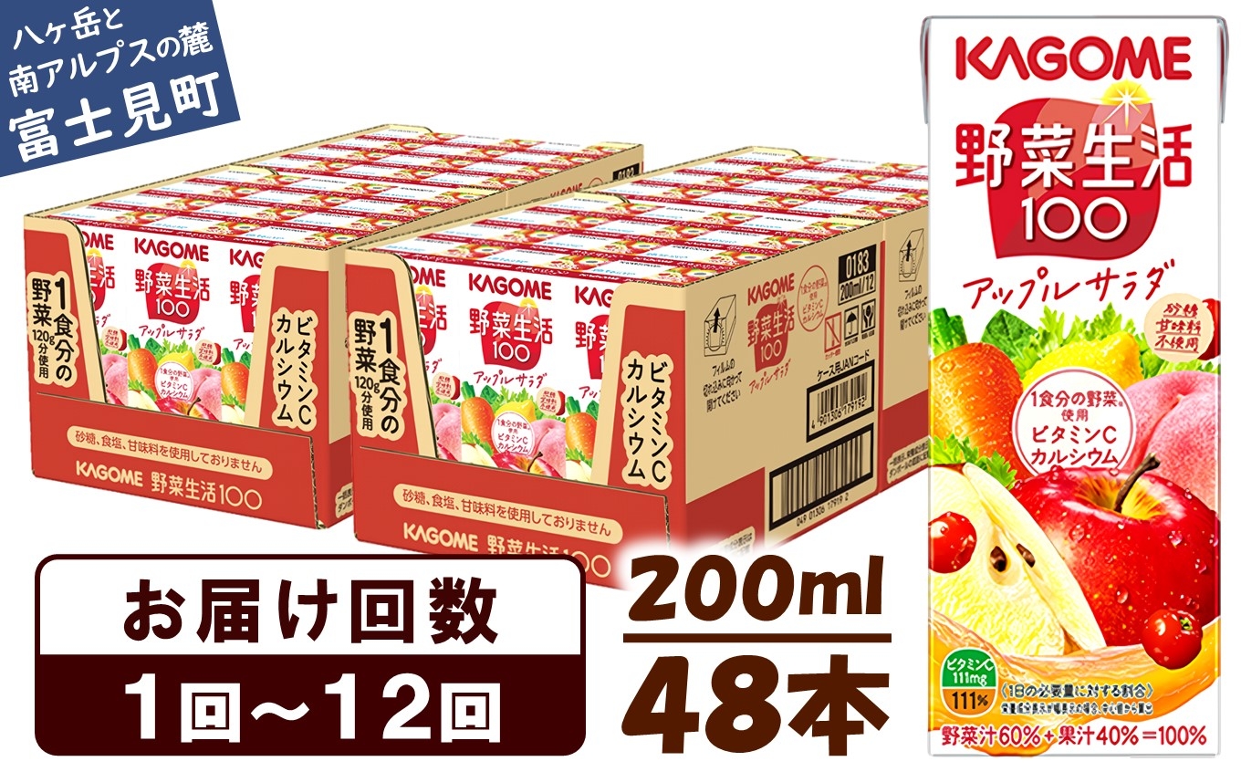 
            カゴメ 野菜生活100 アップルサラダ 200ml×48本 ジュース 野菜 果実ミックスジュース 果汁飲料 紙パック 砂糖不使用 1食分の野菜 カルシウム ビタミンA ビタミンC にんじん汁 飲料類 ドリンク 野菜ドリンク 備蓄 長期保存 防災 飲みもの 長野県 富士見町 【選べるお届け回数：1回～12回】
          