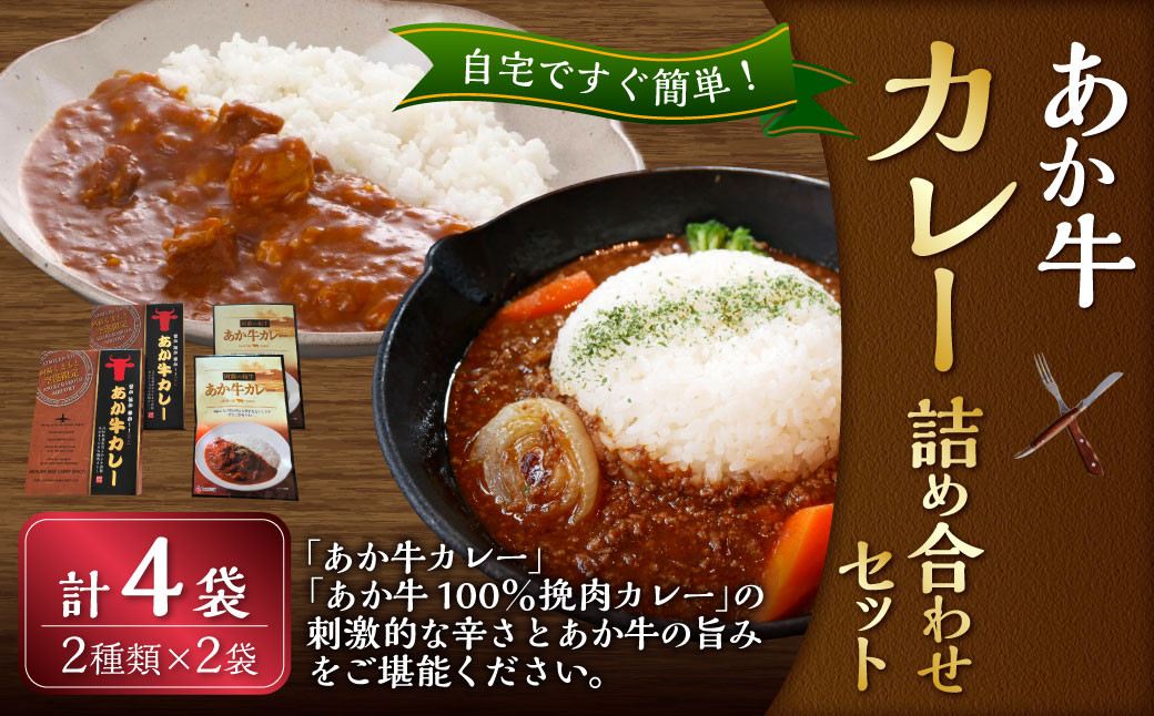 
            あか牛 カレー 詰め合わせ セット（あか牛カレー 180g×2袋、あか牛100％挽肉カレー 220g×2袋）計4食 惣菜 レトルト 熊本県 湯前町
          