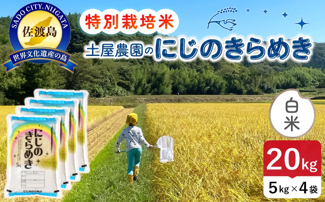 
                  佐渡島産にじのきらめき 白米20kg（5kg×4袋）令和7年産 特別栽培米 単一原料米 農家直送 | 新潟県産にじのきらめき 新潟産にじのきらめき 佐渡産にじのきらめき にじきら 虹のきらめき お米 米 白米 精米 おこめ コメ 20キロ 大容量 大粒 にいがた さど 新潟県 佐渡市
                
