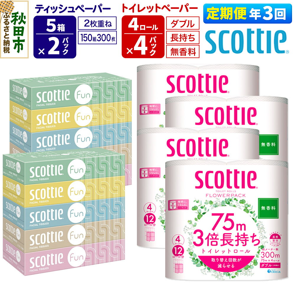 【ふるさと納税】《4ヶ月ごとに3回お届け》定期便 ティッシュペーパー スコッティ ファン 150組 5箱×2パック ＆ スコッティトイレットペーパー ダブル 無香料 3倍長持ち4ロール×4パック 秋田市オリジナル【レビューキャンペーン中】