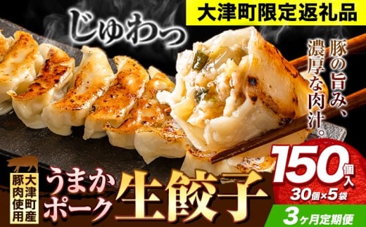 餃子 うまかポーク生餃子 150個 【3ヶ月定期便】タレ付き 大津町限定返礼品 冷凍餃子 ギョウザ《お申込み月の翌月から発送開始》大津町産豚肉使用 九州産キャベツ使用（大津町産含む）皮モチモチ 肉汁溢れる ぎょうざ （30個×5袋）