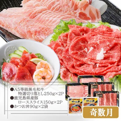 定期便(2回配送)鹿児島県産黒毛和牛・豚肉・一本釣りかつおDD-6004【1166749】_ 定期便 牛肉 肉 お肉 切り落とし すき焼き すきやき 豚肉 かつお ハンバーグ ロース スライス 豚しゃぶ しゃぶしゃぶ 霜降り 海鮮丼