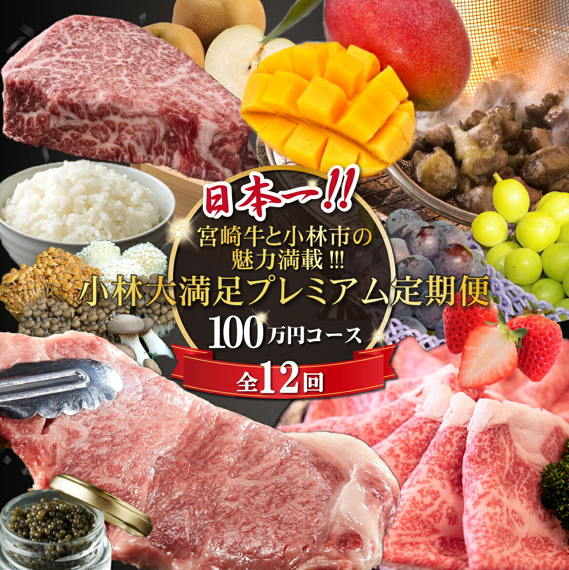 【ふるさと納税】【定期便・全12回】日本一宮崎牛と小林市の魅力満載!!!!!小林大満足プレミアム定期便 100万円コース牛肉 国産牛 黒毛和牛 シャインマスカット マンゴー フルーツ くだもの キャビア 豚肉 鶏肉 定期便 牛 肉 お肉 ふるさと 人気 おすすめ 精肉 宮崎県 小林市