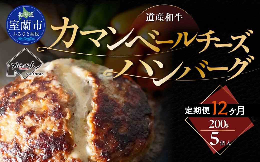 
                  【12ヶ月定期便】道産和牛カマンベールチーズハンバーグ（200g）5個入り 【 ふるさと納税 人気 おすすめ ランキング 北海道産 和牛 ダブルチーズ Wチーズ ハンバーグ 肉 肉厚 チーズ カマンベールチーズ デミグラス セット 詰合せ 北海道 室蘭市 送料無料 】 MROA177
                