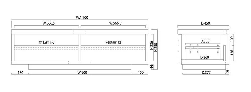 大川家具 ノート120TVボード1枚扉 オーク(ナラ) 台輪