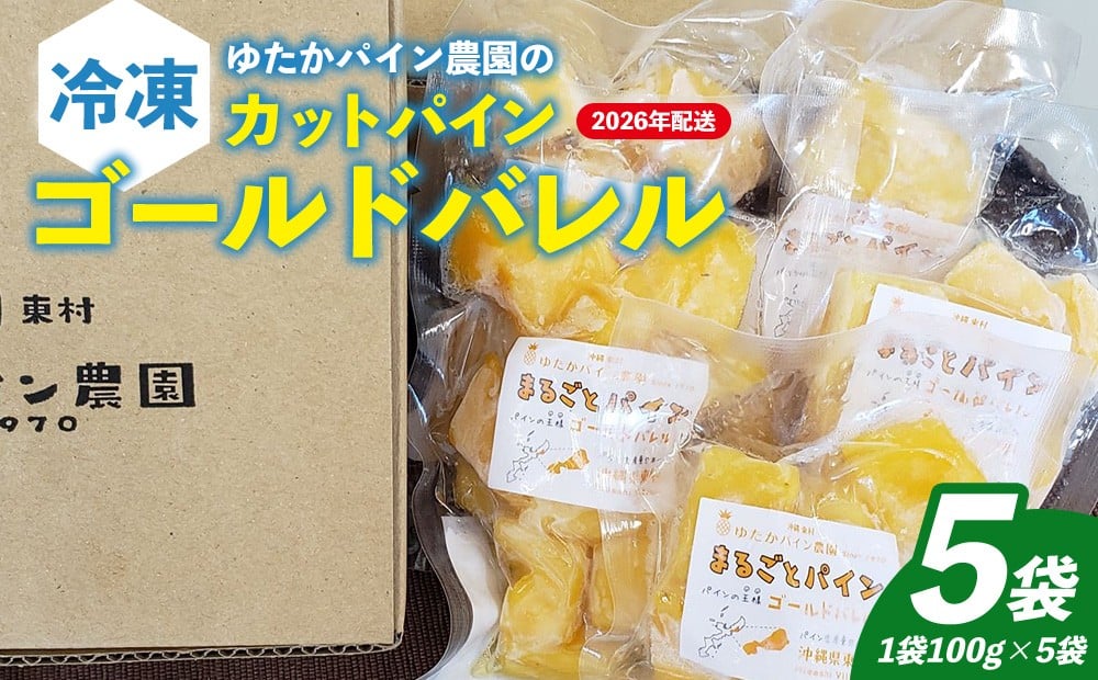 
            ゆたかパイン農園の冷凍カットパイン　ゴールドバレル（1袋100g×5袋セット） 2026年発送 沖縄県産 東村 パイナップル 冷凍 フローズン スムージー デザート 国産フルーツ 天然シャーベット パイン ジューシー 贈り物 おすすめ お土産 人気 やんばる 大自然 南国気分 沖縄本島北部
          