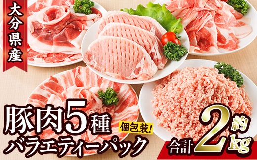＜1回配送＞ 豚肉 バラエティーパック (合計2kg) 豚バラ しゃぶしゃぶ 鍋 とんかつ ロース 小分け 個包装 豚こま 小間切れ スライス ミンチ 5種 セット 詰め合わせ 冷凍 食べ比べ 国産 大分県 佐伯市【BD320】【西日本畜産】