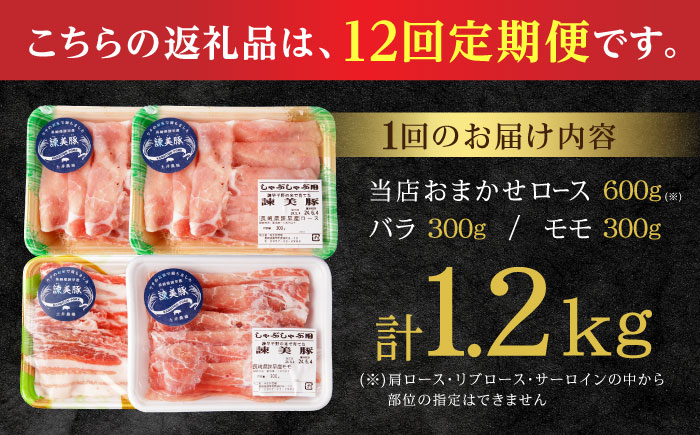 【12回定期便】諫美豚 しゃぶしゃぶ用 計14.4kg(ロース600g・バラ300g・モモ300g) / 豚肉 ぶたにく ろーす ばら もも しゃぶしゃぶ パック 小分け / 諫早市 / 株式会社土井農場 [AHAD107]