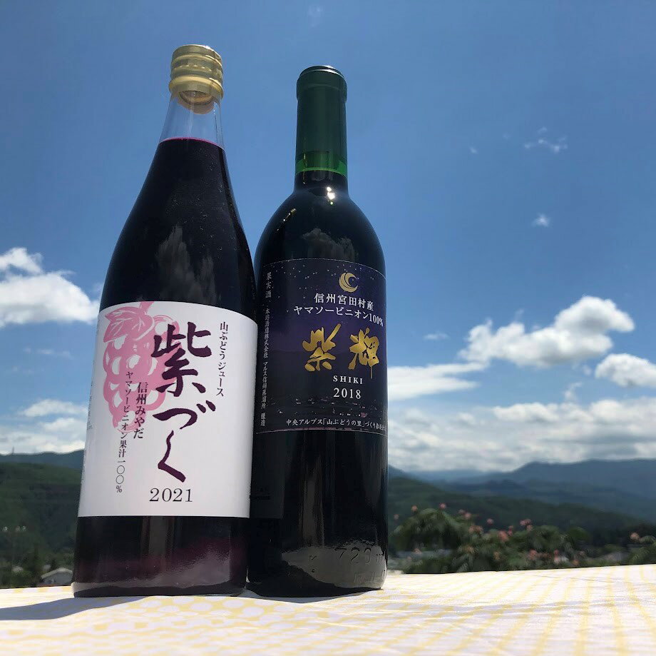 【ふるさと納税】宮田ワイン「紫輝」と食ごころ「紫づく」（山ぶどうジュース）セット | 野菜ジュース 飲料 野菜 やさい 人気 飲料類 果実飲料 ドリンク 果汁飲料 ジュース 上伊那 長野 信州 果汁100% 健康 国産 日本産 料理 朝食 ギフト お祝い プレゼント 贈答