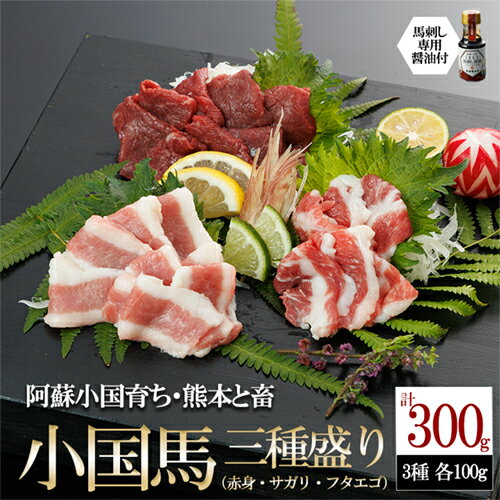 【ふるさと納税】レビューキャンペーン対象品 熊本と畜 小国育ち 小国馬 地元産 馬刺し 阿蘇 熊本 小国 国産 阿蘇の大地 放牧馬 赤身 サガリ フタエゴ 小分け 馬肉 300g 馬刺し醤油 専用醤油 七福醤油店 タレ付き 真空パック ギフト 贈答用 送料無料【地場産品基準：類型1】