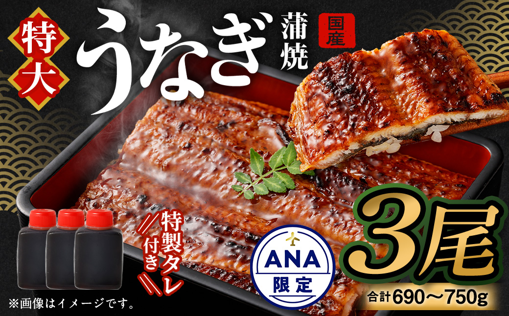 【ANA限定】国産 うなぎ 蒲焼 3尾 （690g～750g）と 特製タレ 3個 セット 鰻 ウナギ 蒲焼き うなぎ蒲焼 セイロ蒸し せいろ蒸し タレ付 冷凍
