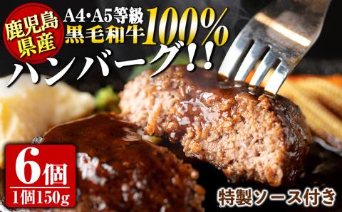 s394 A4・A5等級鹿児島県産黒毛和牛100％使用！プレミアムハンバーグ(計6個・特製デミソース付) 鹿児島 国産 九州産 黒毛和牛 牛肉 ひき肉 ハンバーグ 惣菜 おかず ギフト【焼肉一福】