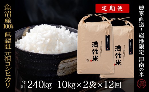 【 定期便 12ヶ月 】 米 20kg ( 10kg × 2袋 ) × 12回 令和7年産 新米 魚沼産 コシヒカリ 県認証米 満作米 | ブランド米 お米 白米 精米 新潟県 津南町