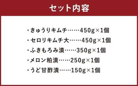 漬物 5種 詰め合わせ セット (きゅうりキムチ ・ セロリキムチ 大 ・ ふきもろみ漬 ・ メロン粕漬 ・ うど甘酢漬 各1個ずつ) 5種類 お漬物 漬け物 つけもの 漬物セット 詰合せ 食品 北海
