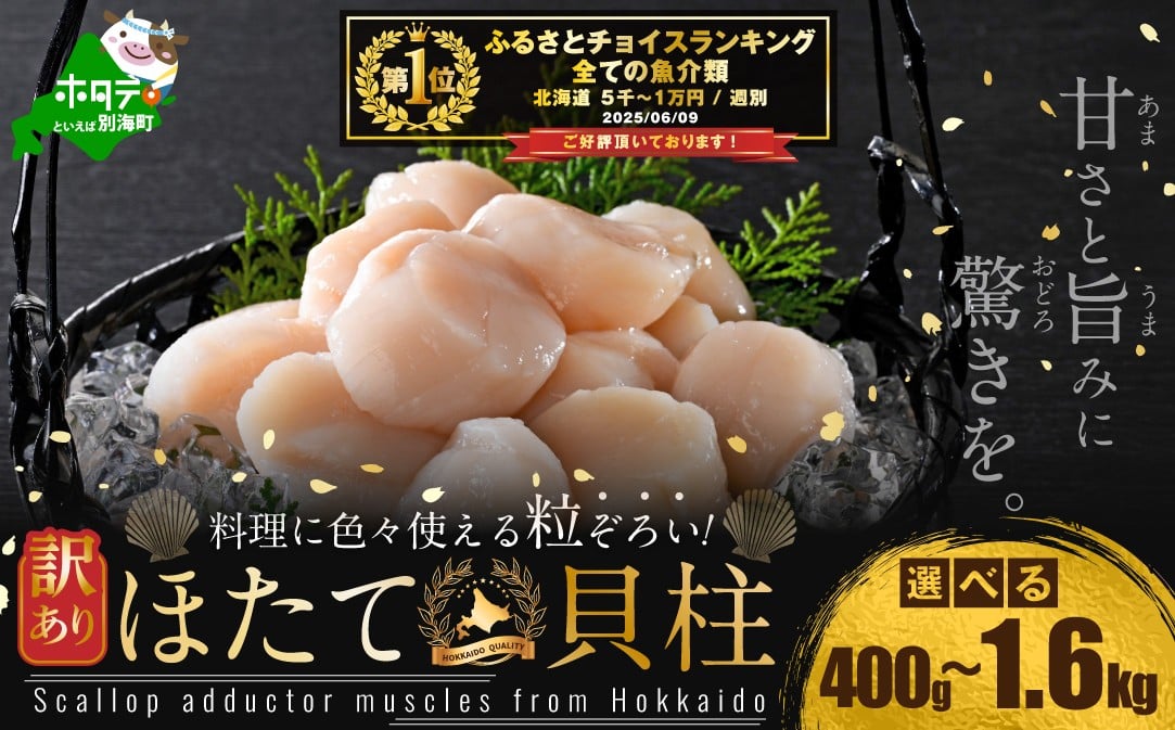 
            御礼！ランキング第1位獲得！【内容量が選べる】 訳あり 北海道産 冷凍 ホタテ 400g ～ 1.6kg【発送時期が選べる 年末も】（ ほたて ホタテ 帆立 貝柱 ホタテ貝柱 ほたて貝柱 海鮮 刺身 訳ありホタテ 訳あり ふるさとチョイス ふるさと納税 仕組み キャンペーン 限度額 計算 ランキング やり方 シミュレーション チョイス チョイスマイル 大容量 ほたて）
          