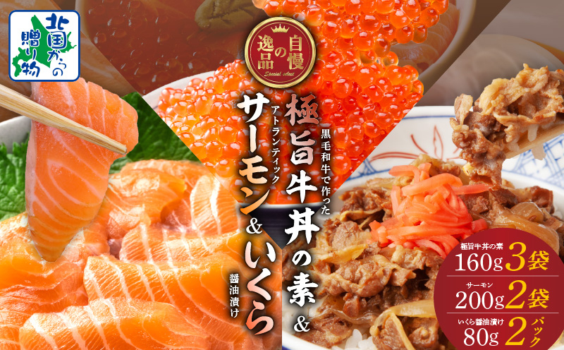 【自慢の逸品3セット】アトランティックサーモン 200g×2P ＆ イクラ醤油漬け 80g×2P ＆ 黒毛和牛 極旨 牛丼の素 160g×3袋【食べ比べ 小分け 時短 簡単便利 つまみにもオススメ 北国からの贈り物】 020C428