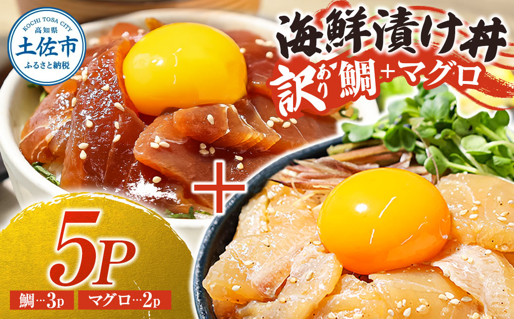 訳あり海鮮漬け丼（タイ3P・マグロ2P）セット 漬け丼 漬け 鯛 鮪 マグロ 赤身 食べ比べ 海鮮 魚 冷凍 食品 保存食 小分け 高知 土佐 海鮮丼 漬け丼 ぶっかけ お茶漬け 鯛めし 惣菜 そうざい 訳アリ わけあり 不揃い 規格外 故郷納税 返礼品