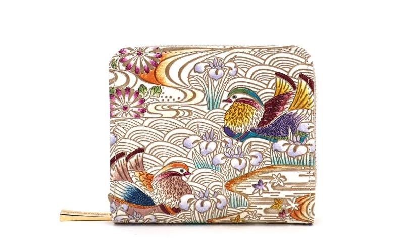 【文庫屋大関】二つ折りファスナーミニ財布 おしどり＜橙色＞【皮革工芸品】財布 二つ折り 小物 お札 カード 小銭 コンパクト 牛革 手作り 日本製 墨田区 東京都