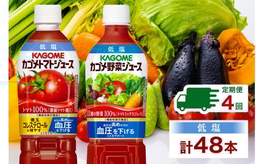 定期便 3ヵ月毎 全4回 カゴメ トマトジュース ＆ 野菜ジュース 低塩 スマートPET 720ml 2種 各6本 計12本 機能性表示食品 トマト 野菜 100％ ジュース ペットボトル 飲料 ドリンク 健康 GABA 血圧 コレステロール お取り寄せ KAGOME 送料無料 那須塩原市 ns038-029