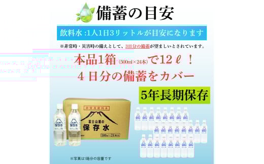 非常用飲料水 富士山麓の保存水500ml 24本入 総量12L／ミネラルウォーター お水 軟水 飲料 飲料水 ペットボトル 生活必需品 消耗品 備蓄 備蓄水 防災用品 防災 災害対策 5年 長期保存 