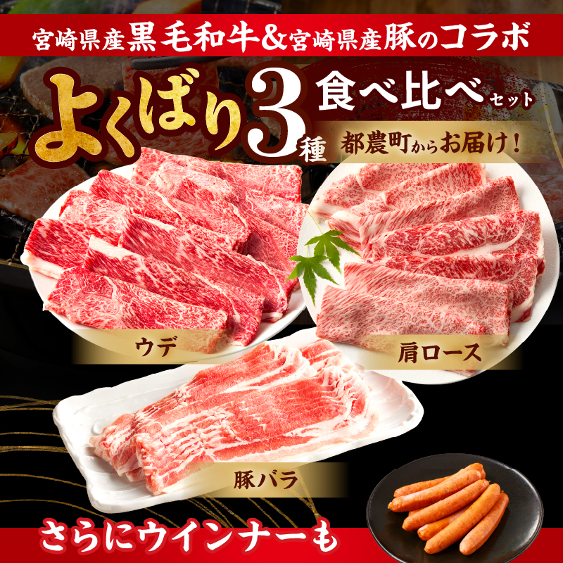 生産者応援≪肉質等級4等級以上≫宮崎県産黒毛和牛・豚スライス＆粗挽きウインナーセット(合計1.08kg)_T030-174【肉 牛肉 豚肉 おかず 国産 人気 ギフト 食品 お肉 焼き肉 BBQ お土