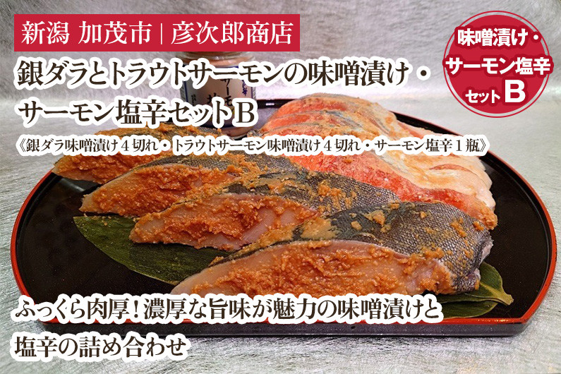 
            銀ダラとトラウトサーモンの味噌漬け・サーモン塩辛セットB《銀ダラ味噌漬け4切れ・トラウトサーモン味噌漬け4切れ・サーモン塩辛1瓶》味噌漬 魚 真空パック ふっくら肉厚 個包装 ギフト 贈答 加茂市  彦次郎商店
          