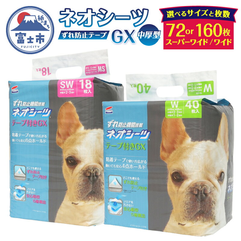 【ふるさと納税】 ネオシーツGX+ずれ防止テープ付き ワイド(計160枚) / スーパーワイド(計72枚) ペットシーツ 中厚型 すばやく吸収 オシッコ 壁 床 貼り付け可能 汚れ いたずら防止 ペット 犬 猫 消耗品 日用品 静岡県 富士市 [sf002-306] [sf002-307]