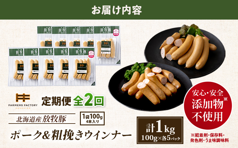 【定期便：2回】北海道産放牧豚 無添加ポークウインナー・粗挽きウインナー ×各5パック【12005601】 各5パック定期便（2回配送）