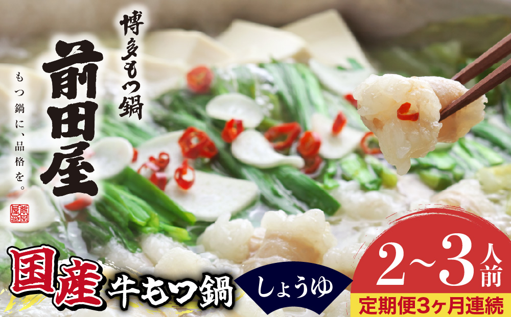 ＜定期便3回 毎月お届け＞博多もつ鍋前田屋 しょうゆ味2～3人前【LF011】