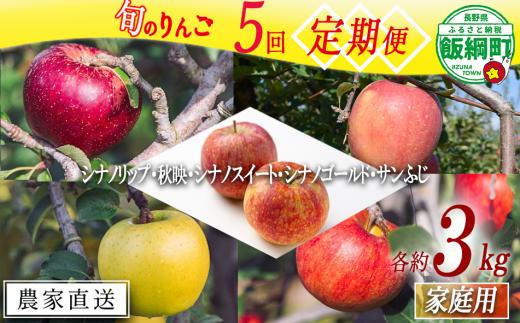 旬のりんご 【 定期便 】 家庭用 3kg × 5回 相澤農園 沖縄県への配送不可 2025年9月上旬頃から2025年12月中旬頃まで順次発送予定 令和7年度収穫分 長野県 飯綱町 [1858]