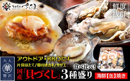 缶焼き 海鮮ガンガン焼きセット 国産貝3種盛(サザエ、カキ、ほたて)【BBQ アウトドア 海鮮 食べ比べ お手軽 冷凍】 [e04-a018]