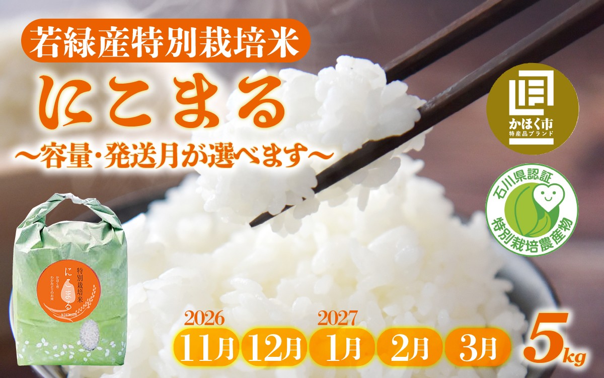 
                  【先行予約 令和8年産】【発送月が選べる】若緑産 特別栽培米「にこまる」5kg【2026年11月～2027年3月発送】 / 令和8年産 米 単一原料米 ニコマル 国産 こめ コメ 食品 常温 ご飯 お取り寄せ 5キロ
                