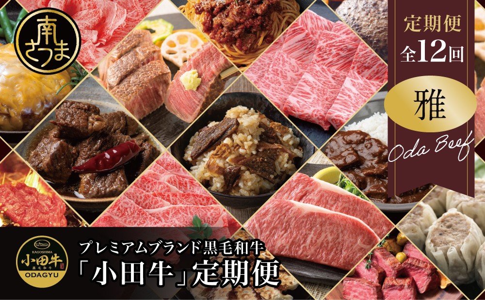 
                  【全12回】プレミアムブランド「小田牛」定期便［～雅～］ 鹿児島県産 黒毛和牛 ステーキ すき焼き 焼肉 焼き肉 BBQ ハンバーグ ローストビーフ 餃子 ぎょうざ 焼売 しゅうまい レトルト カレー パスタソース 牛トロ煮込み 常温 冷凍 小田畜産 南さつま市
                