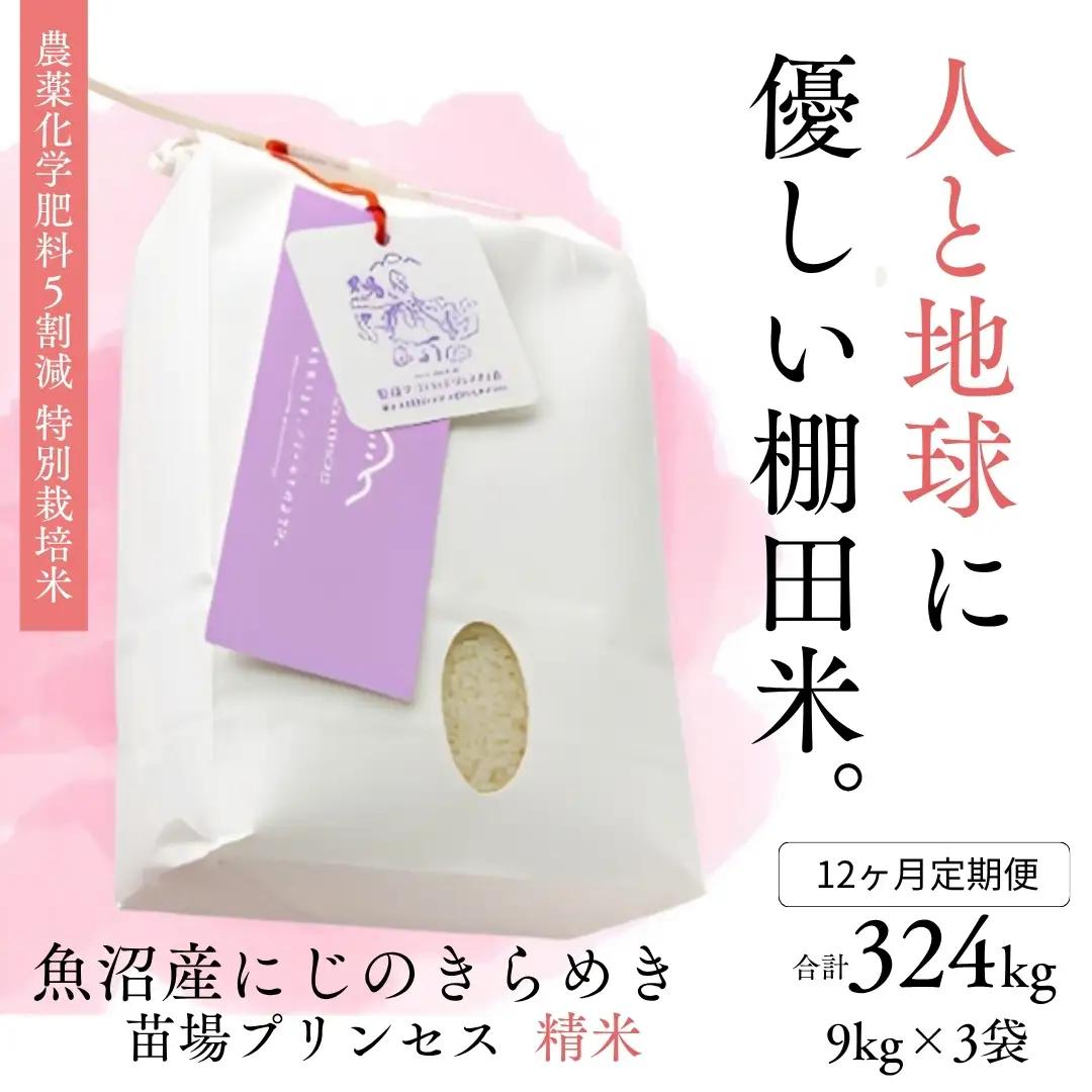 【令和8年産先行予約】【12ヶ月定期便】【農薬化学肥料5割減】魚沼産にじのきらめき苗場プリンセス特別栽培米 精米27kg(9kg×3) 計324kg | 津南町 にじのきらめき