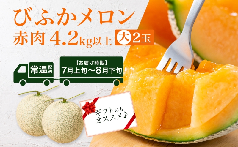 【2025年発送】びふかメロン大2玉(合計4.2kg以上) 北海道 美深町産 赤肉 メロン 産直 高級 果肉 果汁 芳醇 香り甘い デザート フルーツ 果物 くだもの 贈り物 お届け：2025年7月上