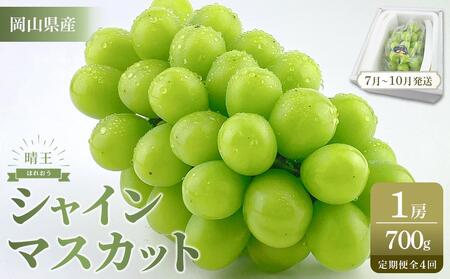 【定期便 全4回／2026年7～10月毎月発送】岡山県産 シャインマスカット 晴王 1房 約700g ４回定期便　 ７月・８月・９月・10月に１回づつお届け　種無し 皮ごと食べる フレッシュ 先行受付　ハレノスイーツ | フルーツ 果物 くだもの シャインマスカット 晴王  種なし 皮ごと フレッシュ 国産 岡山県産 食品 人気 おすすめ 送料無料 定期便 ギフト 贈り物 贈答品 プレゼント ぶどう ぶどう 葡萄 葡萄