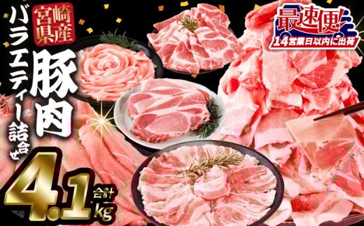 ＜豚肉バラエティー詰合せセット 4.1kg＞入金確認後、14営業日以内に出荷【 国産 宮崎県産 ぶた にく 精肉 とんかつ トンカツ 焼肉 焼き肉 スライス 小間切れ 豚こま 詰め合わせ 6種類 肩ロース ウデ ミヤチク 宮崎県 国富町 】