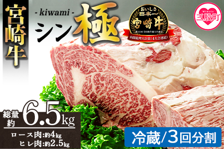 ＜宮崎牛『シン極(きわみ)』ロース肉約4kg、ヒレ肉約2.5kg (冷蔵・3回配送)＞ 国産ブランド牛 黒毛和牛【MI635-nk-c-03】【中村食肉】