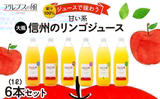 果汁100％ジュースで味わう 信州のリンゴ 甘い系 大瓶 6本 セット 詰め合わせ ジュース りんごジュース リンゴジュース アップルジュース フルーツジュース 果実飲料 飲み物 ドリンク 飲料 信州 長野 長野県 [№5675-1123]