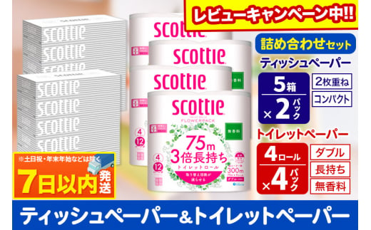 トイレットペーパー スコッティ 3倍長持ち 無香料 4ロール(ダブル)×4P ＆ ティッシュペーパー スコッティ10箱(5箱×2P) 秋田市オリジナル